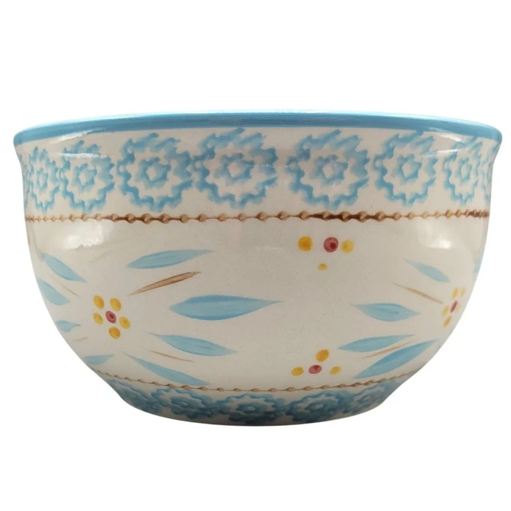 TempTations Old World 16 Oz Hand Painted Ceramic Bowl Blue & Yellow 6.75